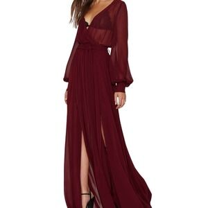 OLIVACEOUS Burgundy Sheer Wrap Maxi Dress w/ Balloon Sleeves & Tie Waist